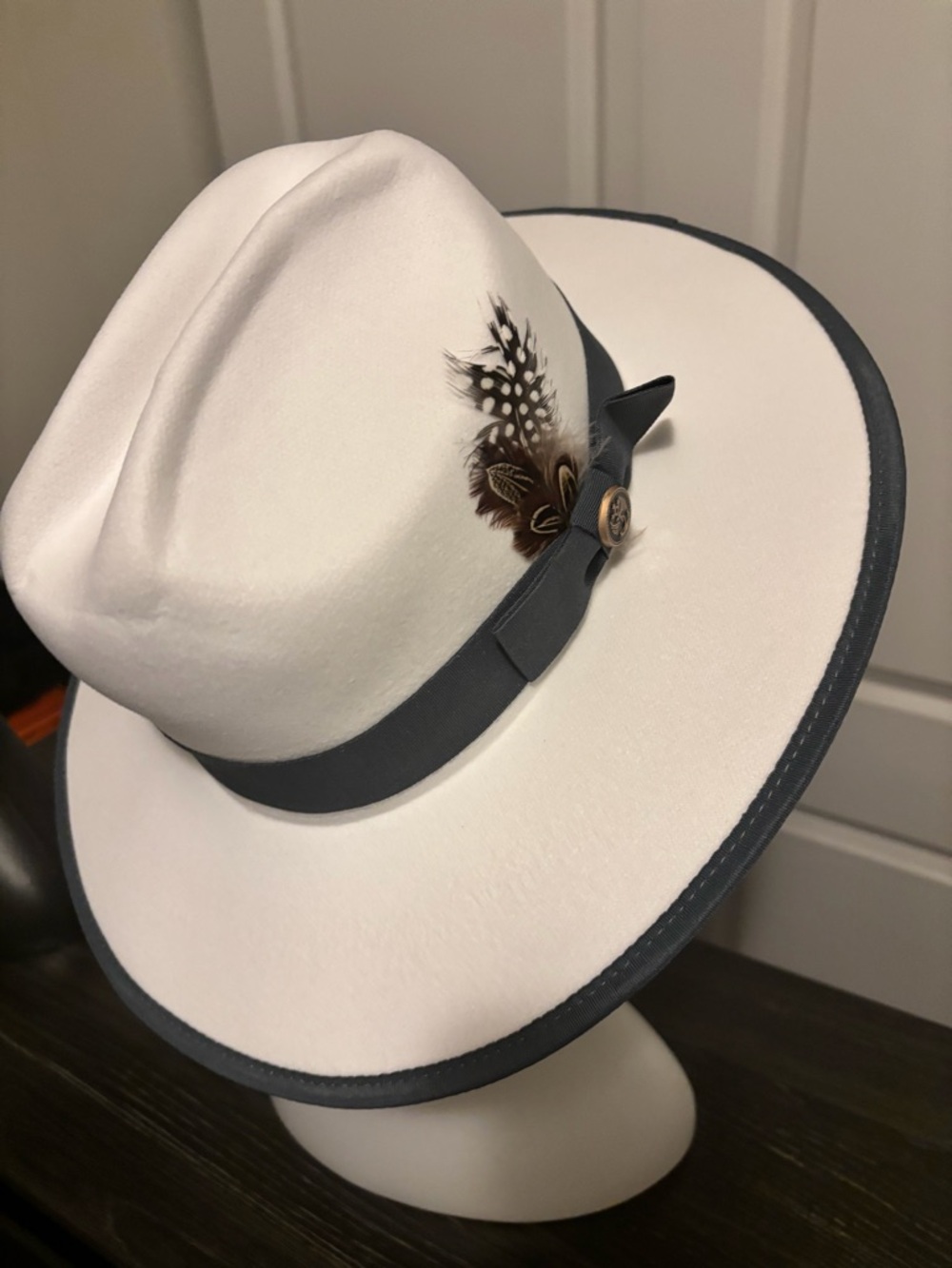 White Fedora Hat with Gray Trim and Feather Accent